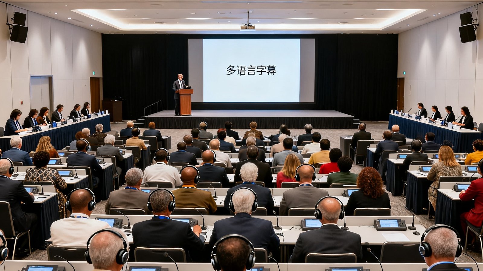 大型国际学术会议主会场内，舞台上演讲者正在进行学术报告，台下数百名来自不同国家的参会者佩戴耳机收听同声传译，会场两侧设有译员工位，大屏幕显示多语言字幕，灯光氛围庄重专业。